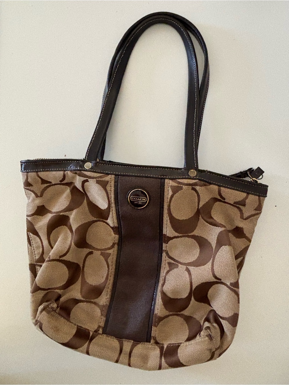 Coach Signature C Brown Canvas Leather Trim Tote Bag